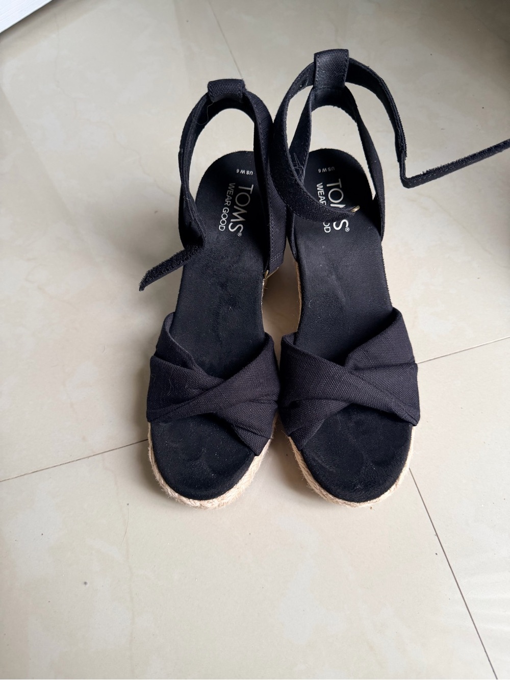 TOMS Black Canvas Espadrille Wedge Sandals with Ankle Tie - Worn once.